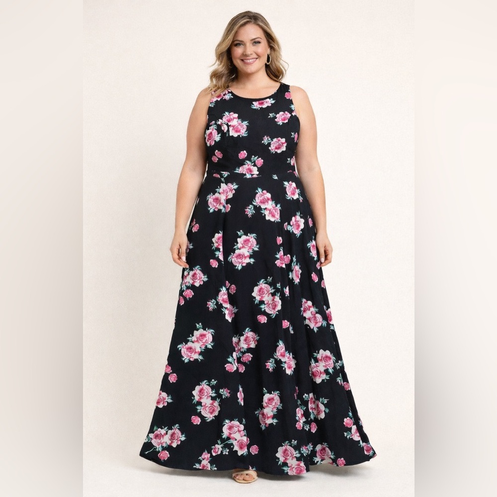 Torrid Women's Size 12 Black & Pink Floral Georgette Sleeveless‎ Maxi Dress